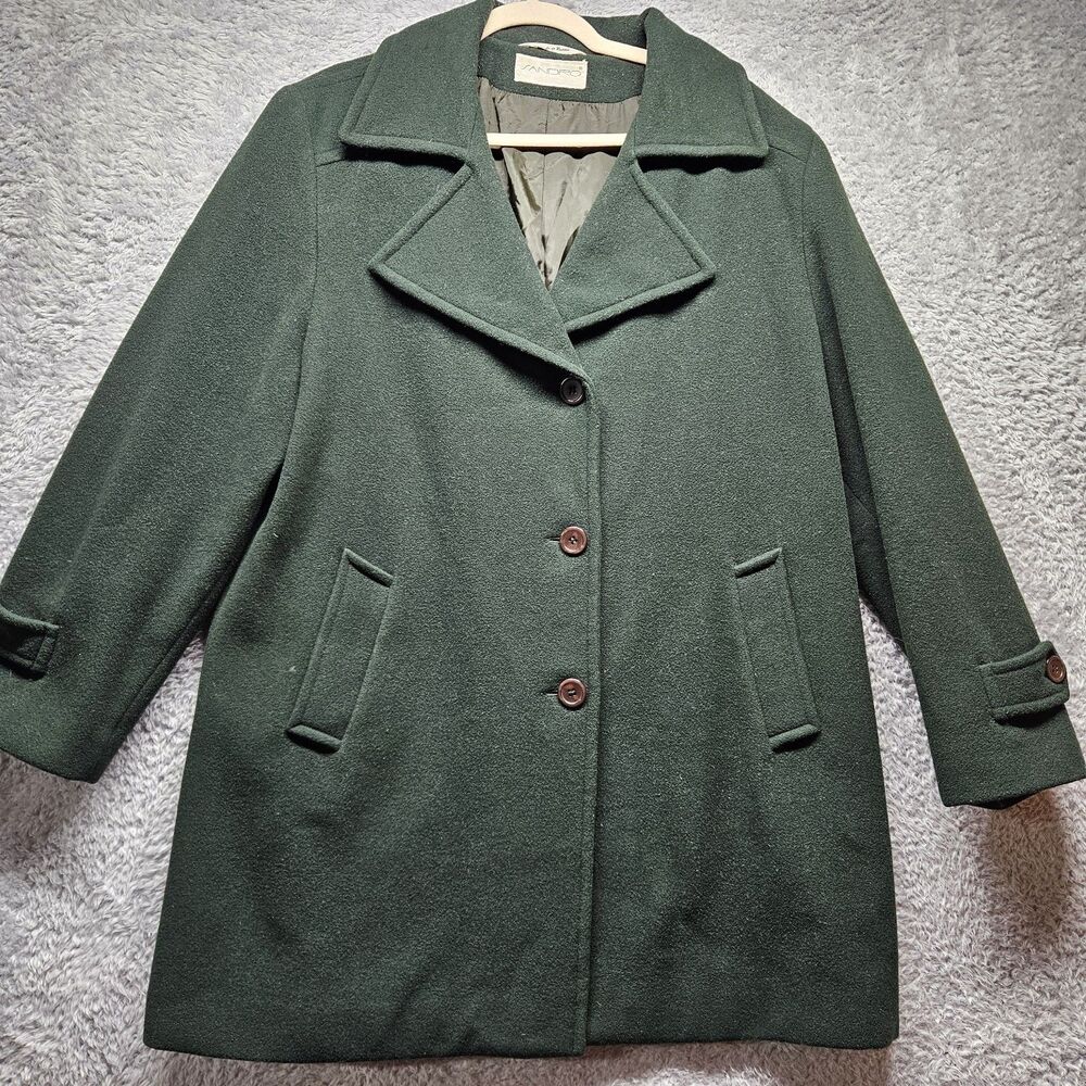 Vintage Sandro Womens Green Wool Coat Peacoat Size 16 Winter Button Up